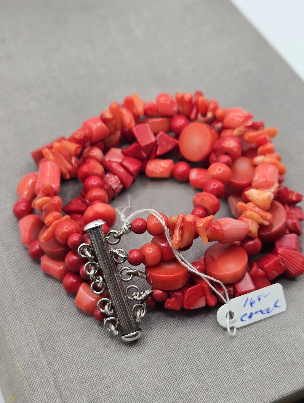 Sterling Silver Bracelet Multi Strand Coral Stones 7.5" Vintage coral Slice Chip